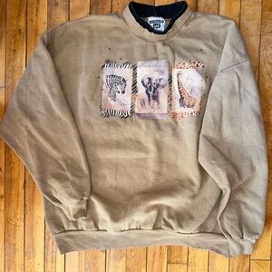 VINTAGE Lee Tan Crewneck Sweater with Safari Animal Prints